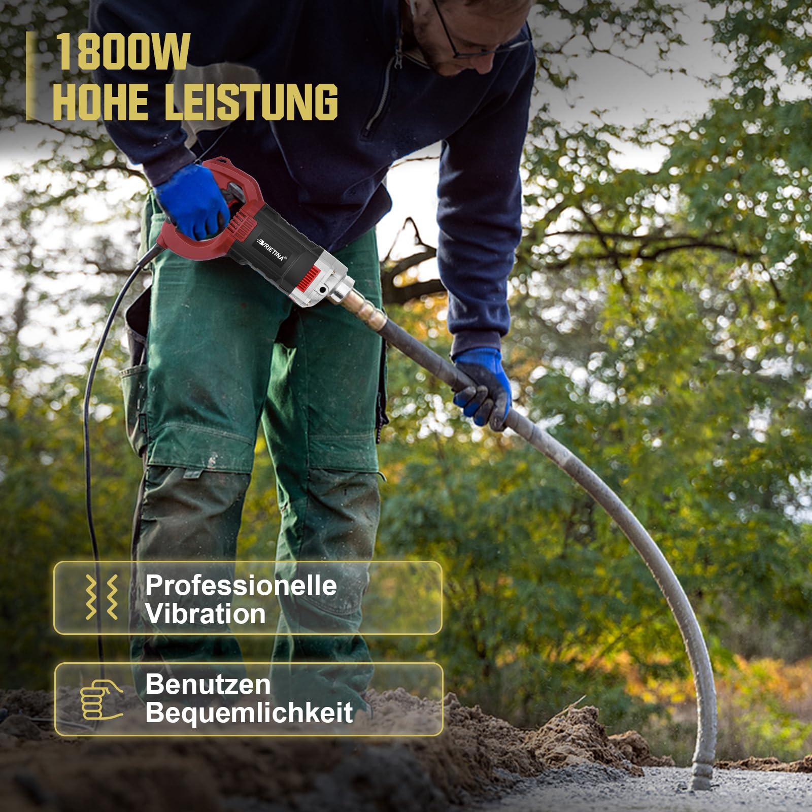 Betonrüttler 1800W mit 2m SCHLAUCHLÄNGE, 35 mm Flaschenrüttler | Elektro Betonverdichter, Rührwellendrehzahl 6000 U/min, Beton Rüttelflasche mit Tragegriff für Hausbau, Brückenbau