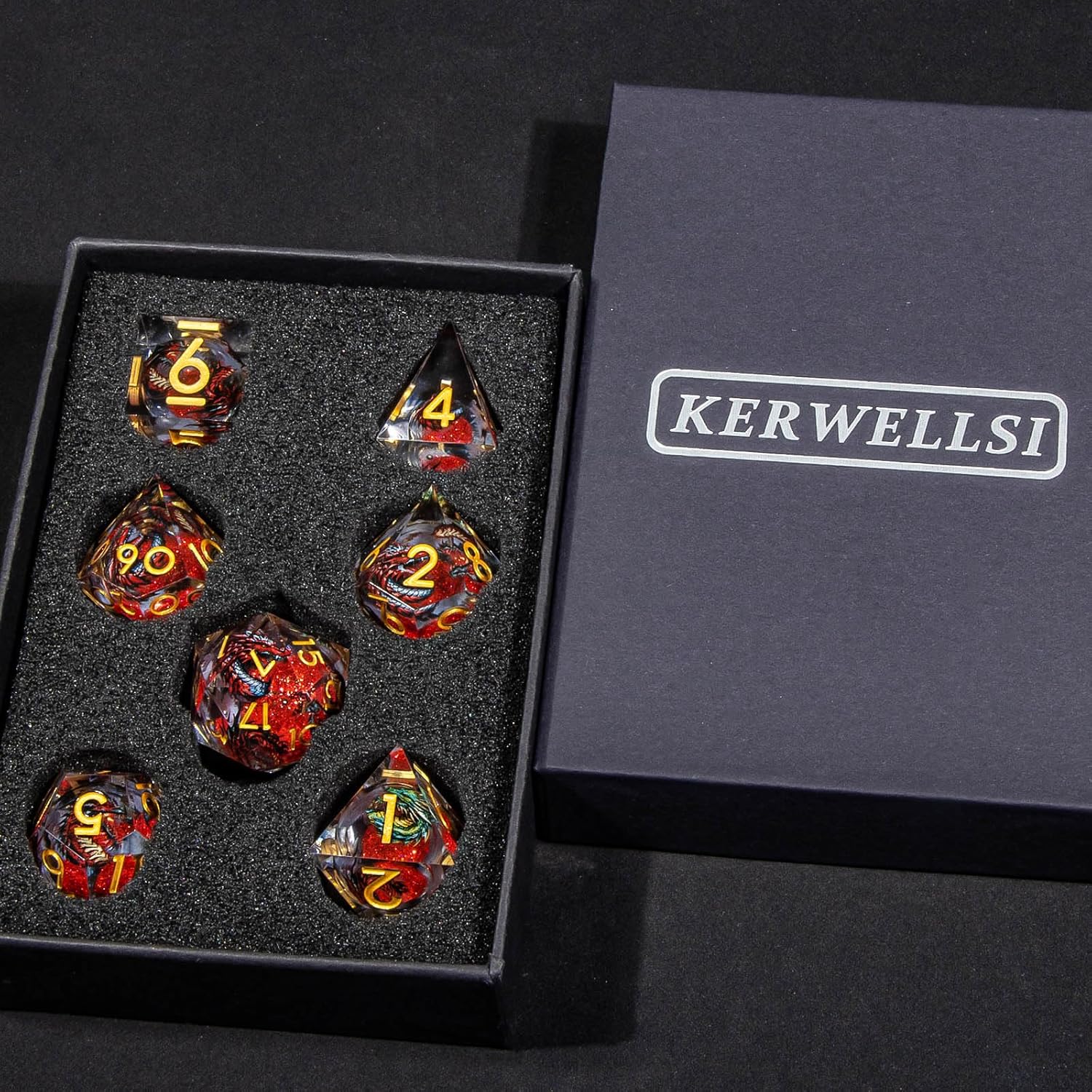 KERWELLSI Liquid Core Dragons Pattern Dice, Resin DND Dice Set with Gift Box, Red and Gold Sharp Edged Dungeons D&D Dice, Role Playing Game Dice D20 D12 D10 D8 D6 D4