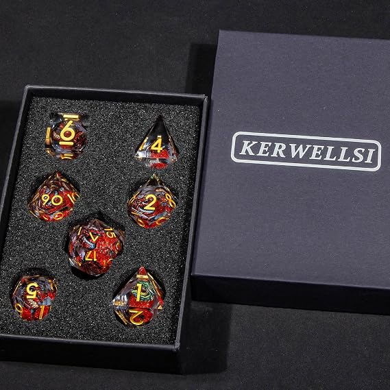 KERWELLSI Liquid Core Dragons Pattern Dice, Resin DND Dice Set with Gift Box, Red and Gold Sharp Edged Dungeons D&D Dice, Role Playing Game Dice D20 D12 D10 D8 D6 D4