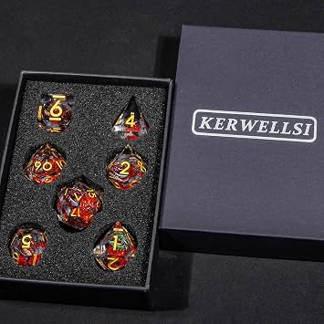 KERWELLSI Liquid Core Dragons Pattern Dice, Resin DND Dice Set with Gift Box, Red and Gold Sharp Edged Dungeons D&D Dice, Role Playing Game Dice D20 D12 D10 D8 D6 D4