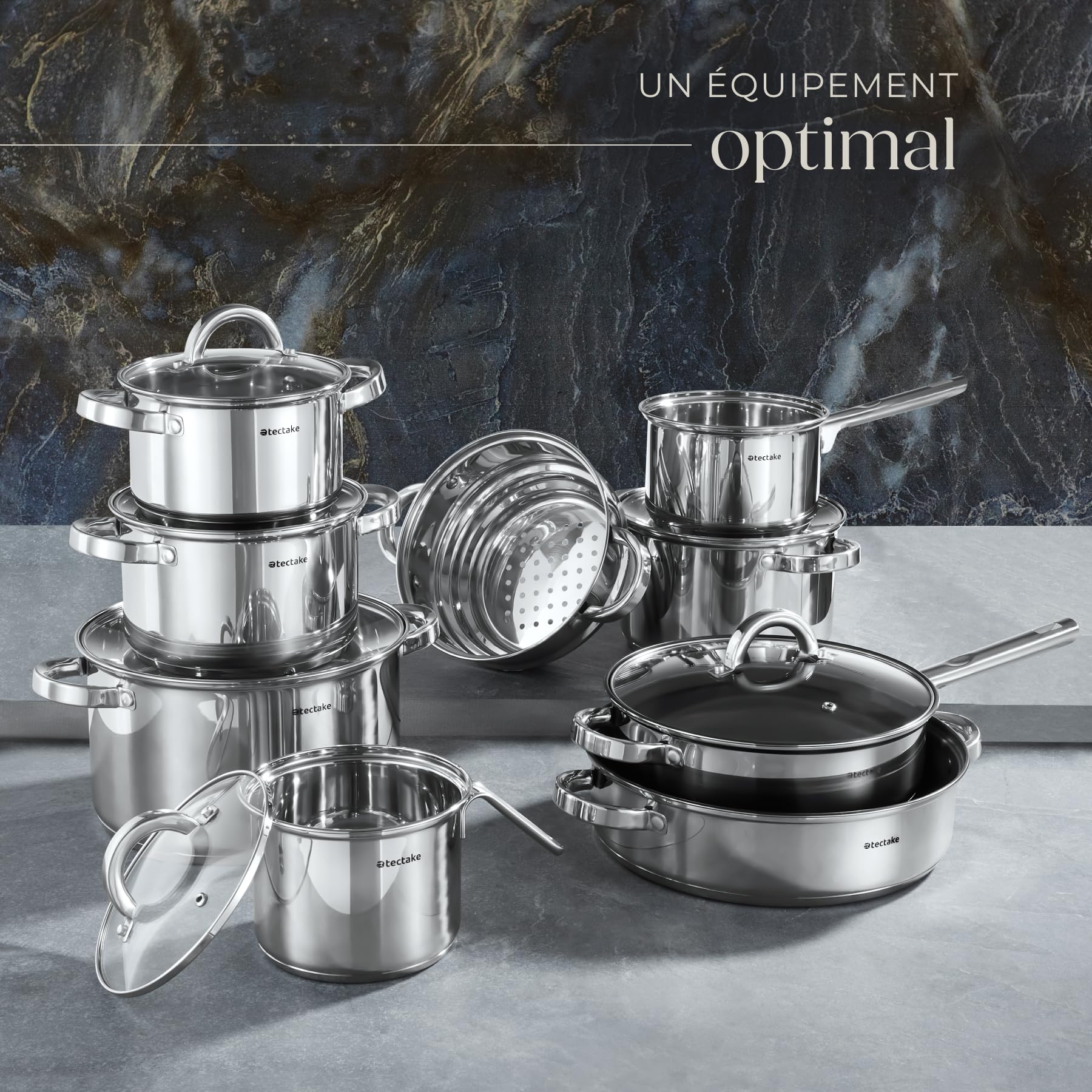 tectake® Set de casseroles & Poele Inox 15 pcs, revêtement anti-adhésif, Lot de casseroles, poêles & couvercle casserole, ustensiles de cuisine idéal Induction cuisinère gaz & vitrocéramique