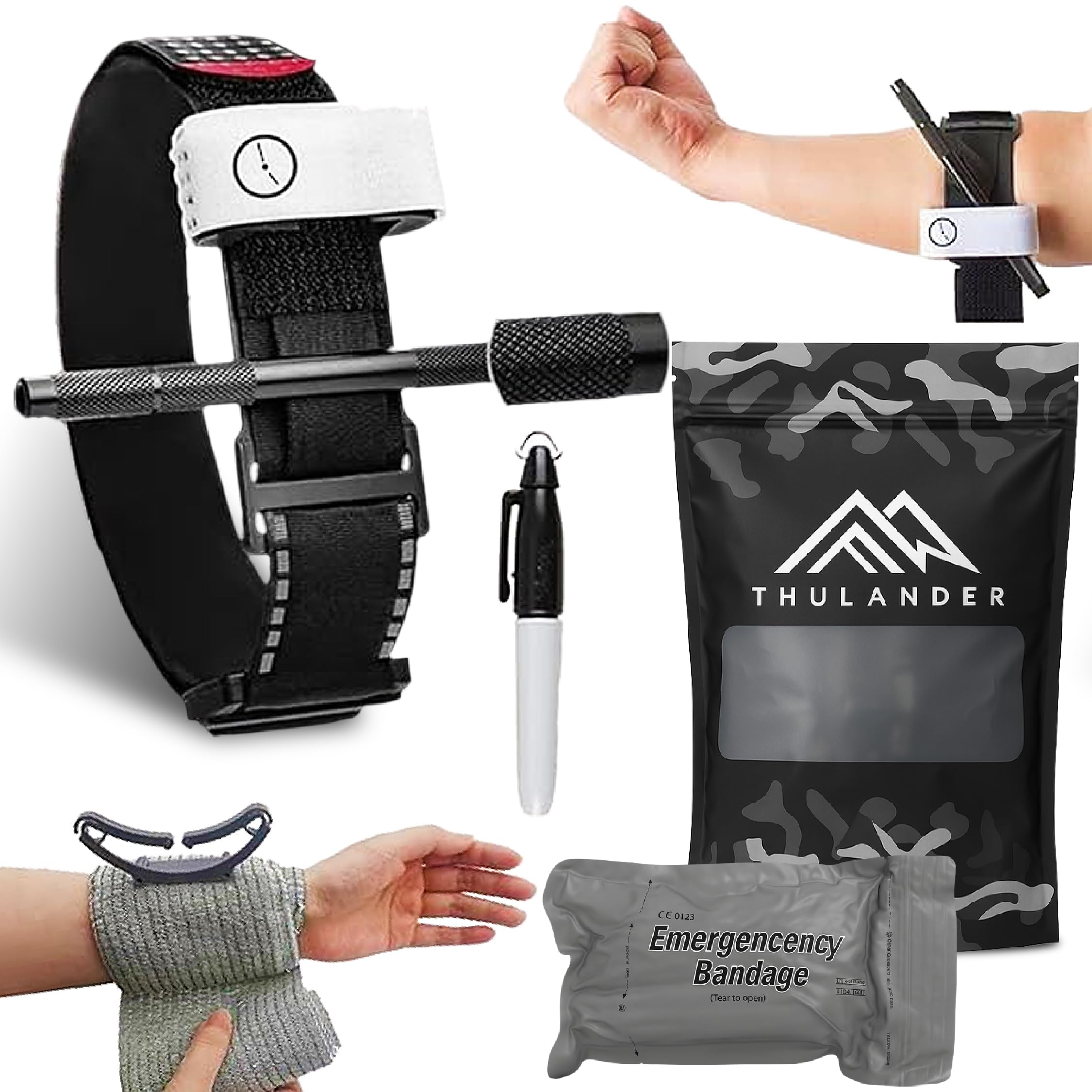 Thulander Pack Torniquete Tactico + Vendaje Israeli Botiquin Primeros Auxilios para Hemorragias Control Perdida de Sangre Kit de Emergencia para Supervivencia Uso Militar Policial IFAK