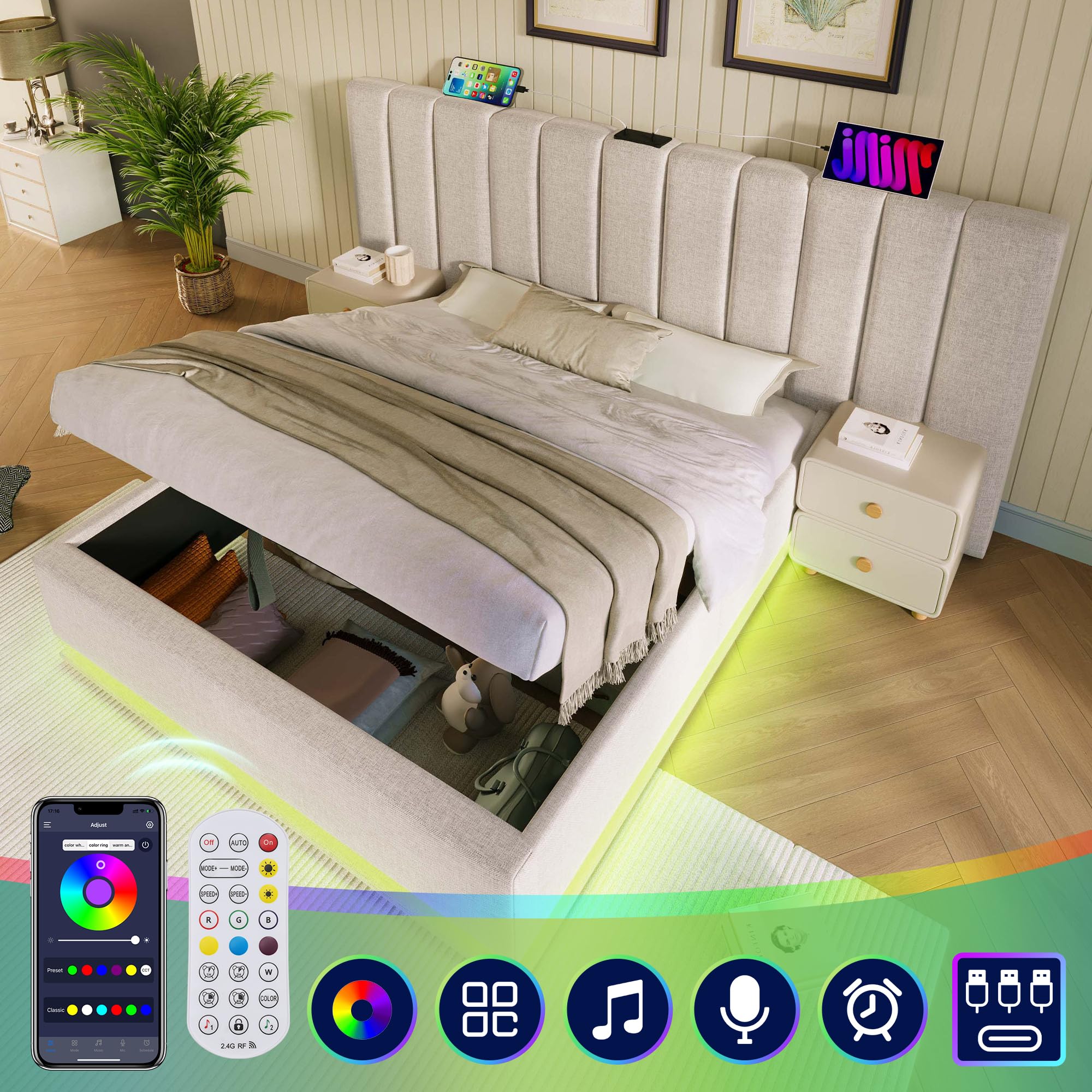 Moimhear Letto imbottito, letto matrimoniale con contenitore con controllo App LED e funzione di ricarica USB-C, lino, senza materasso e comodino (beige, 160 x 200 cm)
