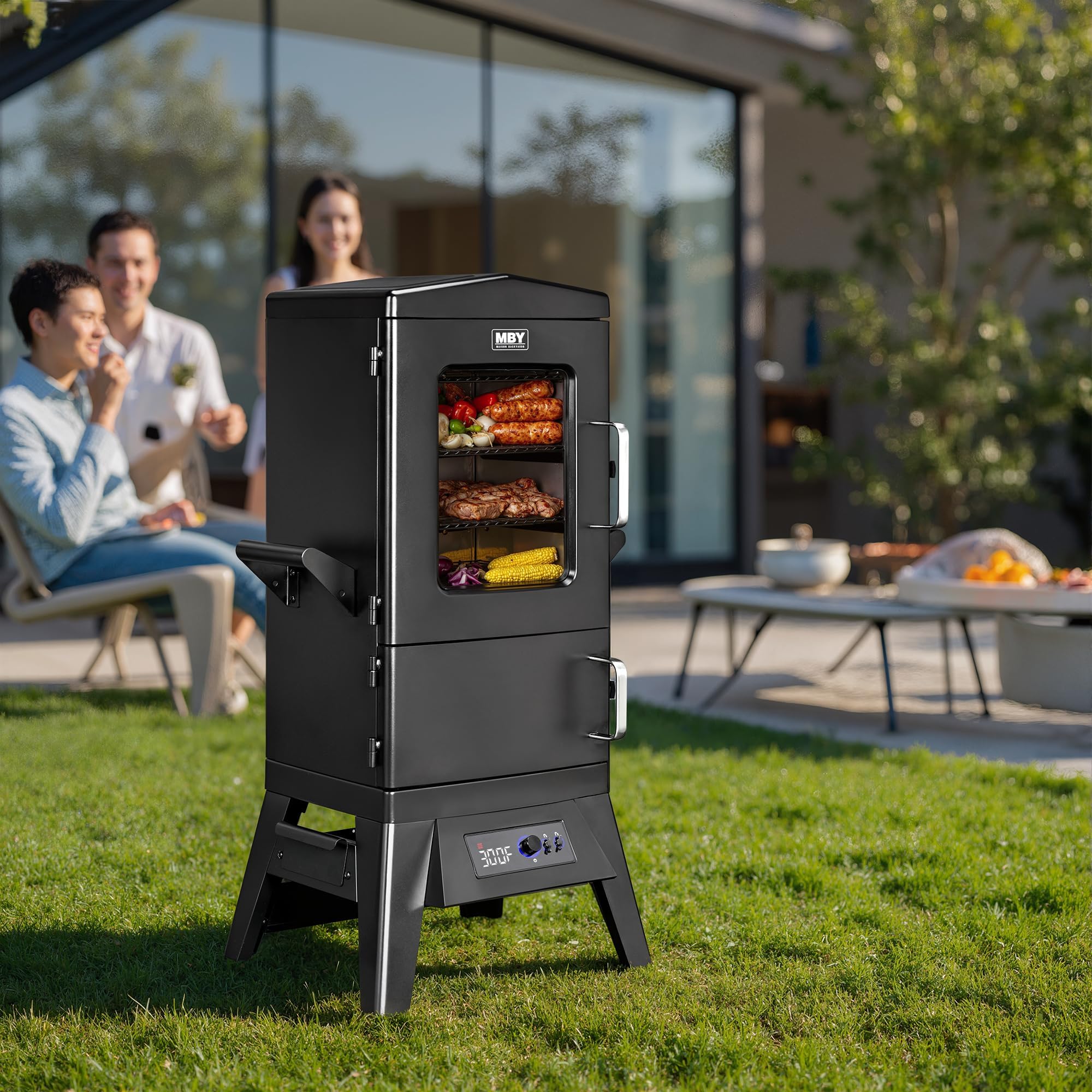 Duży pionowy elektryczny grill wędzarniczy, 4 stojaki, z wbudowaną sondą do mięsa, ładowarką do wiórów drewnianych i pokrywą odporną na warunki atmosferyczne, idealny do steków, ryb, żeber (czarny)