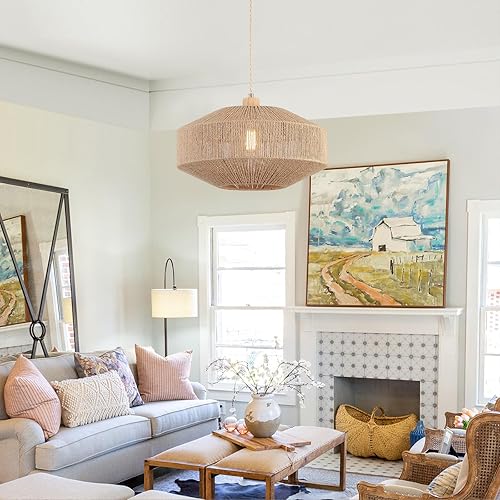 Miniatura 7 de Coastal - Lámpara colgante tejida grande con cable de luz tejido hecho a mano de 14 pies, interruptor regulable, lámpara colgante de cuerda de