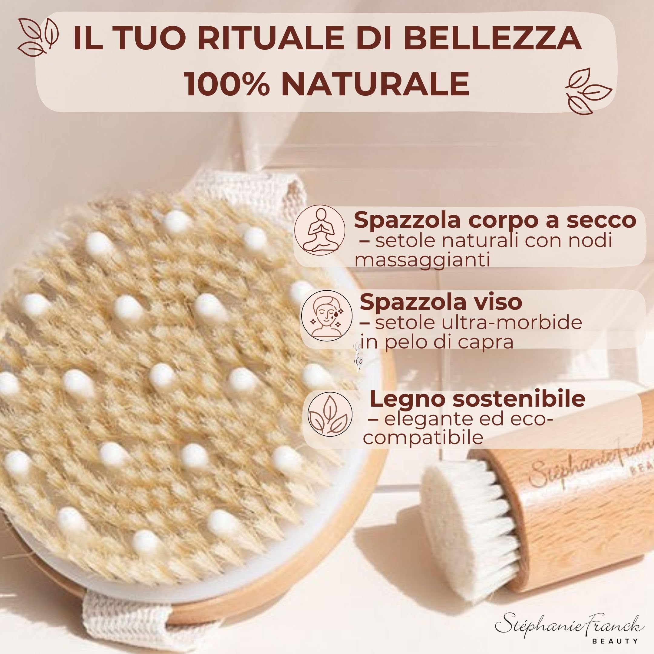 Set Spazzole Dry Brushing Corpo e Viso - Massaggio a Secco con Setole Naturali e Legno - Esfoliazione, Pelle Liscia, Drenaggio Linfatico