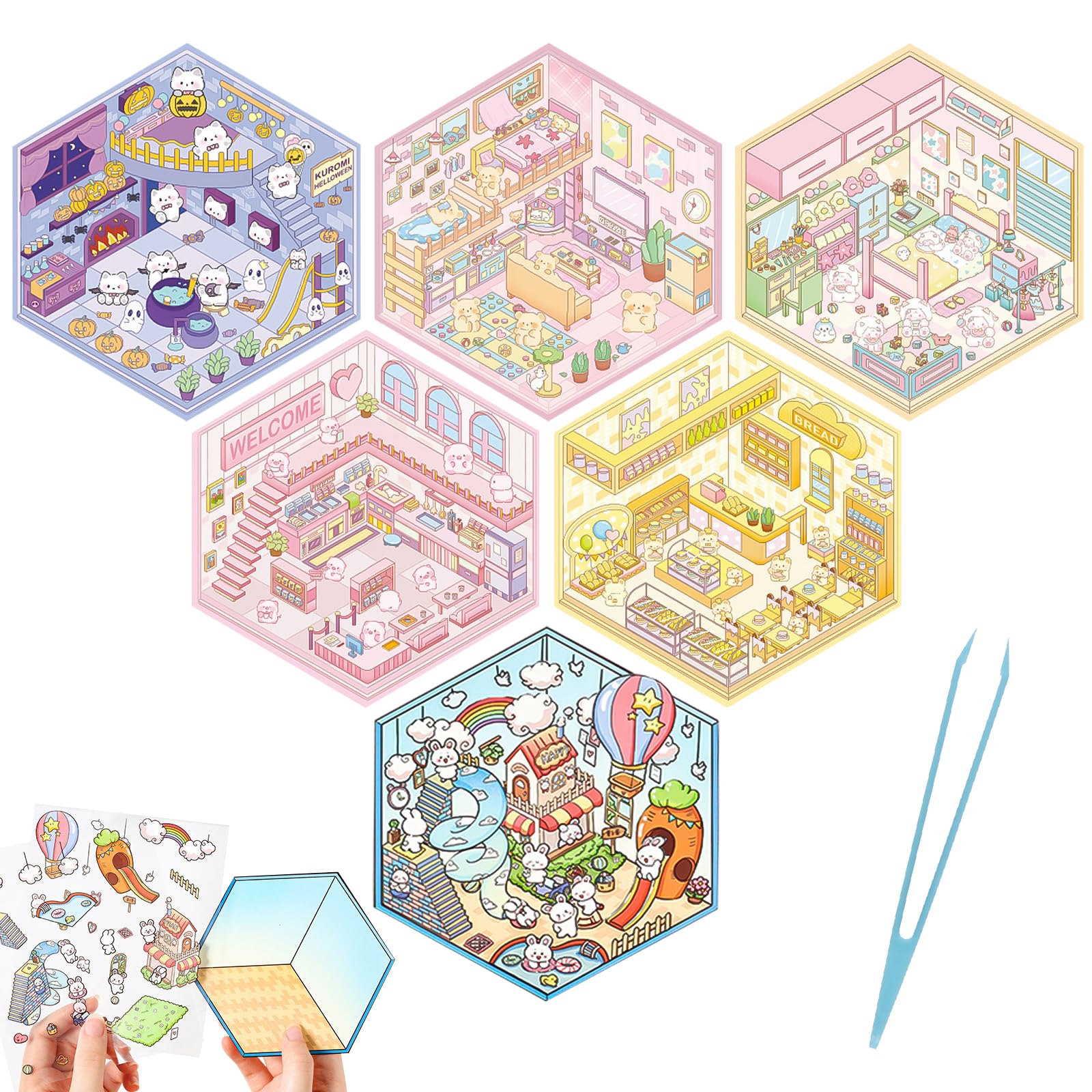 TYXHXTF 6 Sets 3D House Stickers, 3D Sticker Scene, Miniature House Stickers, Relief Stress for Adults and Children