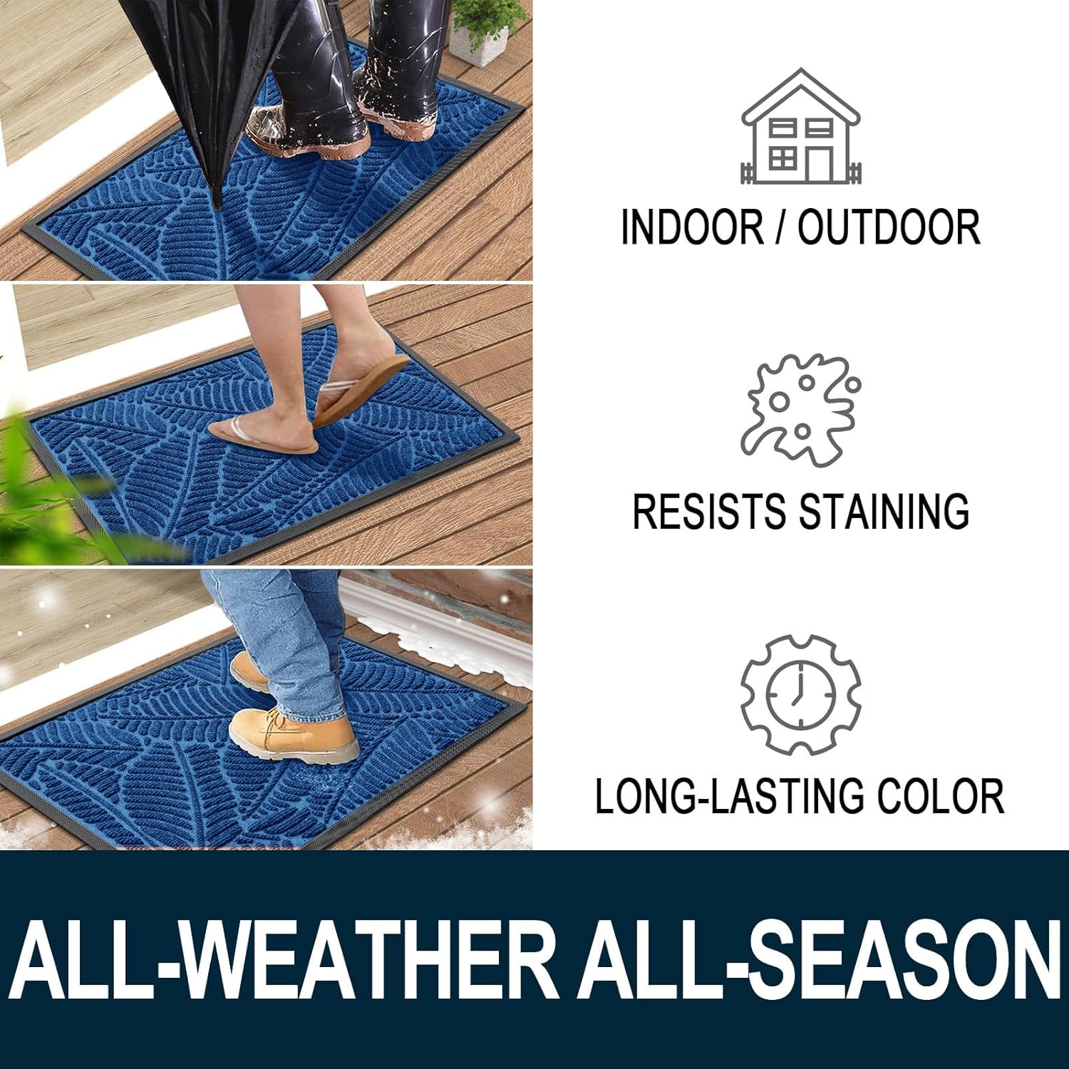 Colorxy Waterproof Doormat, Sturdy Natural Rubber Front Door Mats, Non Slip Low Profile Indoor Outdoor Entrance Mat, Stain Resistant Easy Clean Floor Mat for Patio or Entryway, 36''x24'', Light Blue