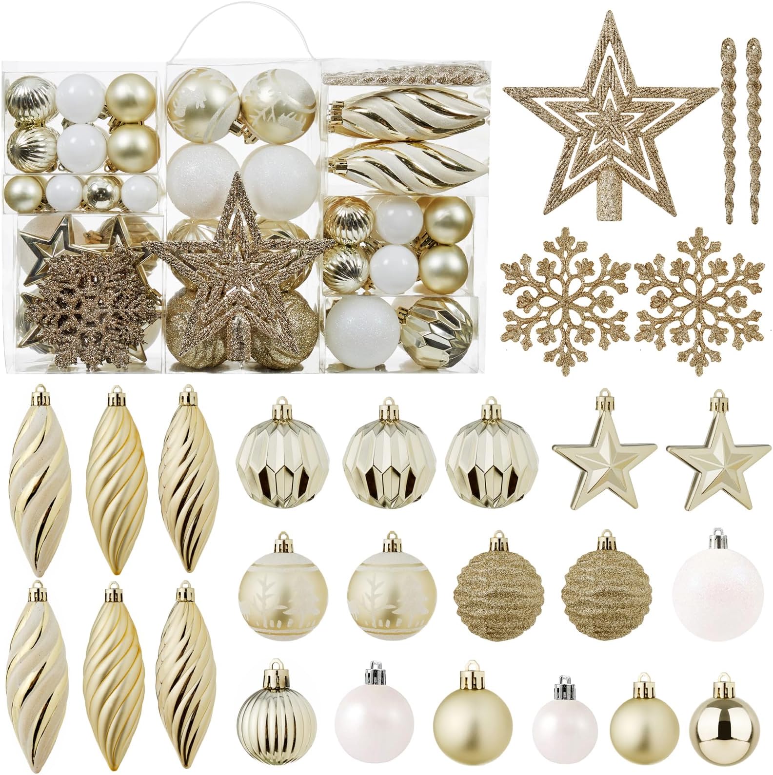 100ct Christmas Ball Ornaments Set - Assorted Shatterproof Hanging Tree Ornament Set with Reusable Hand-held Gift Package for Xmas Tree Holiday Party and Home Decor (Champagne)