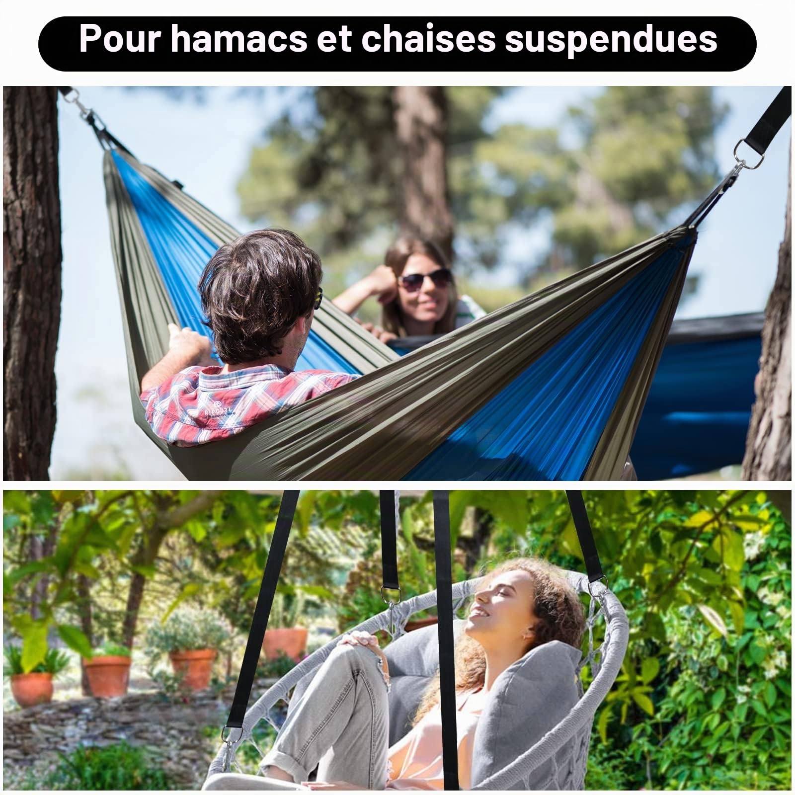 CENOVE Hamac Sangles 2x150CM Ultra Résistant D-Ring Coussin Plus épais Deux Crochets Mousquetons Charge Max 500KG