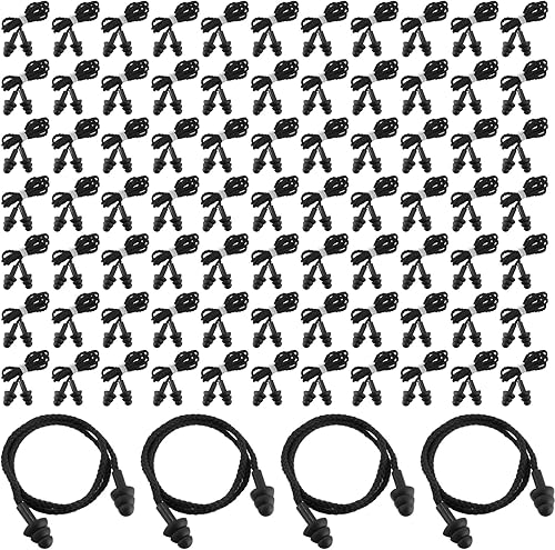 Xuhal 200 pares de tapones para los oídos con cable negro reutilizables de silicona con bloqueo de sonido envueltos individualmente, tapones para