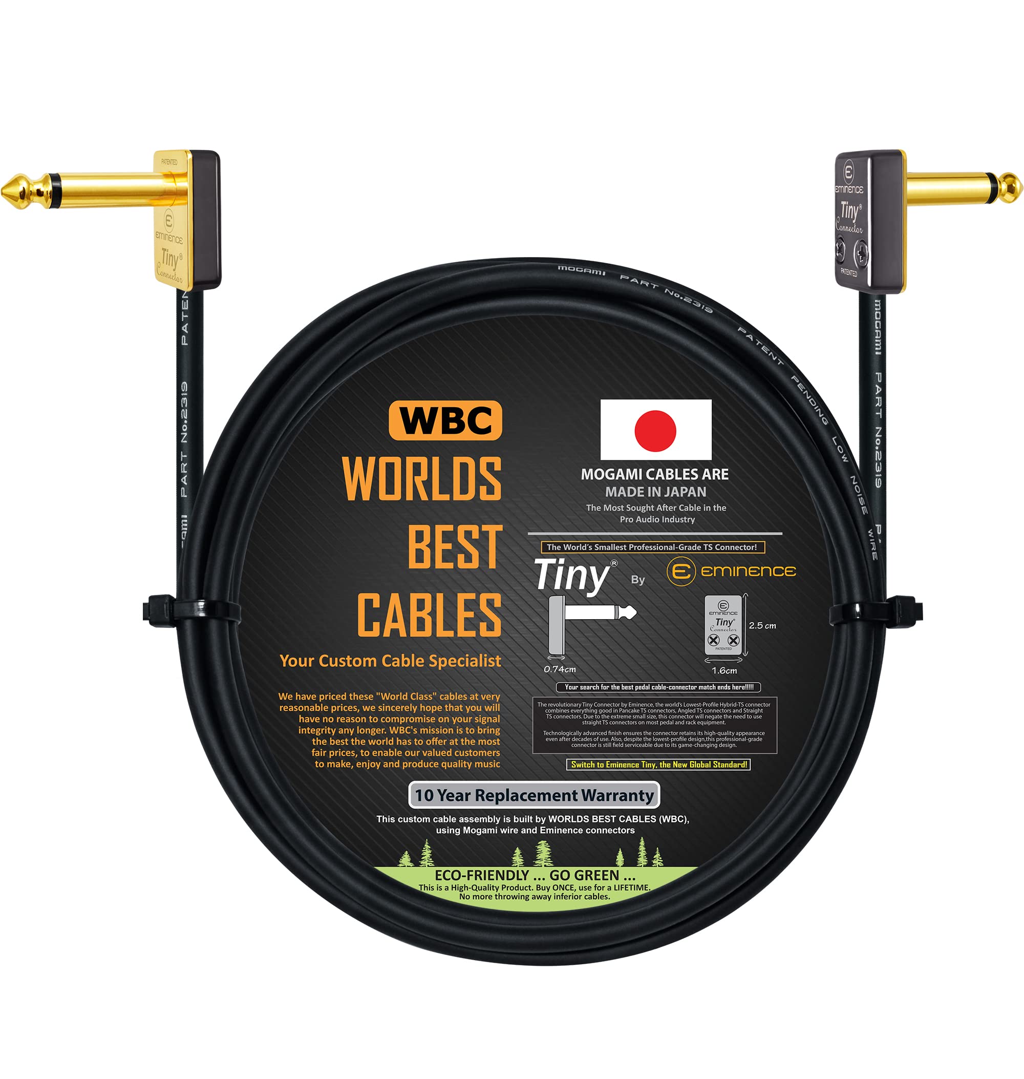 WORLDS BEST CABLES3 Meter - Pedal, Effects, Patch, instrument cable CUSTOM MADE made using Mogami 2319 wire & Eminence Tiny Gold Plated ¼ inch (6.35mm) R/A TS Connectors
