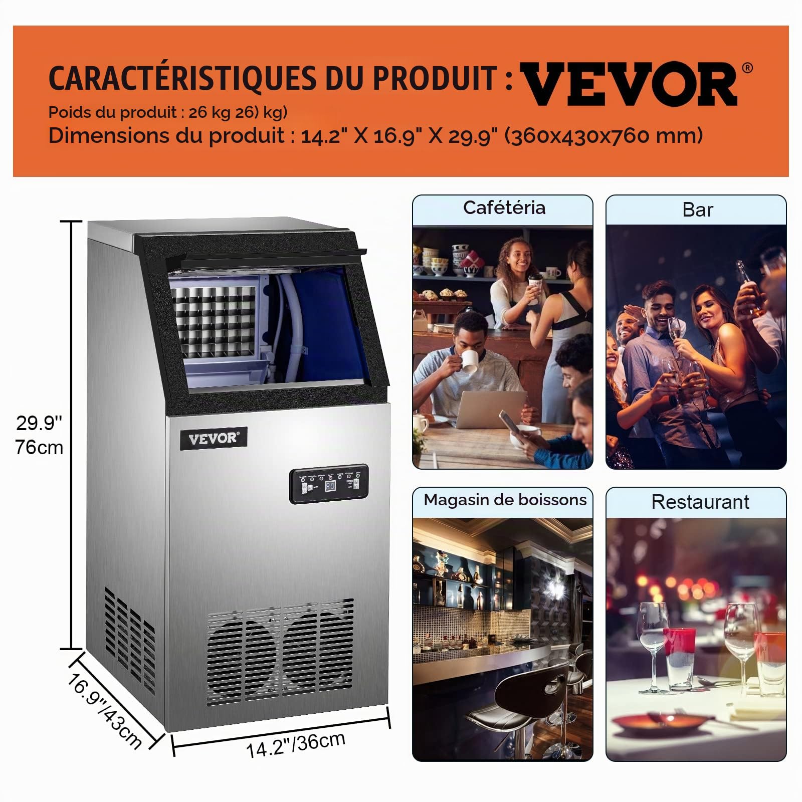 VEVOR Machine à Glaçons 220v Capable de Produire 35 kg par 24 heures Machine à Glace Commerciale Pour Cafés, Maisons, Restaurants, Bars, Hôtels