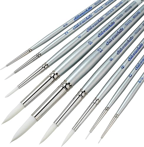 Silver Brush Limited SW-1584S - Pinceles redondos de mango corto Silverwhite con Taklon sintético suave, paquete de 9 piezas de pintura artística