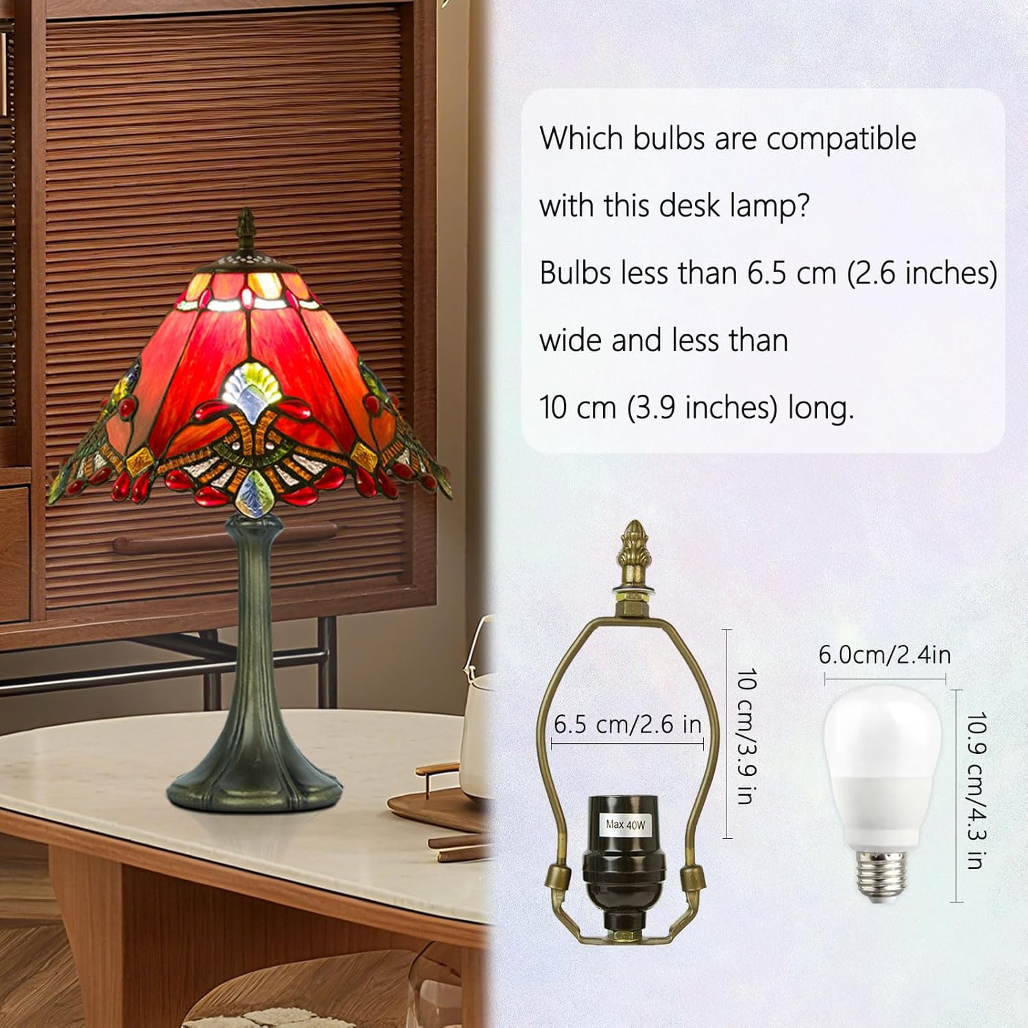 Crefotu 12 Inch Baroque Style Tiffany Table Lamp, Vintage Stained Glass Desk Lamp with Remote Control, 3 Color Temperature & Brightness Level for Office Home Bedroom Living (Red)