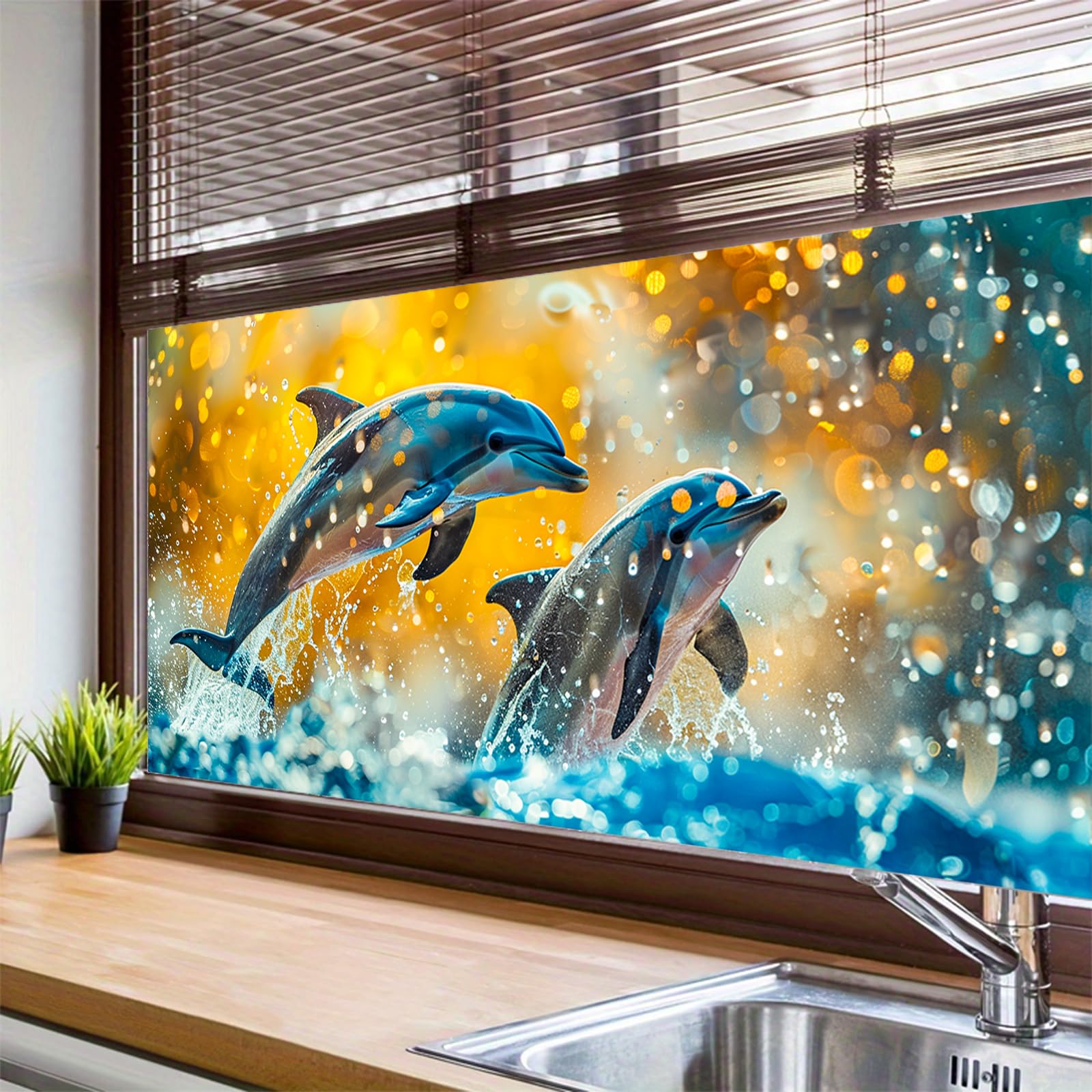 Hometitute Colorful Dolphin Ocean Animal Privacy Window Film 39.3X17.7 Inch Pvc