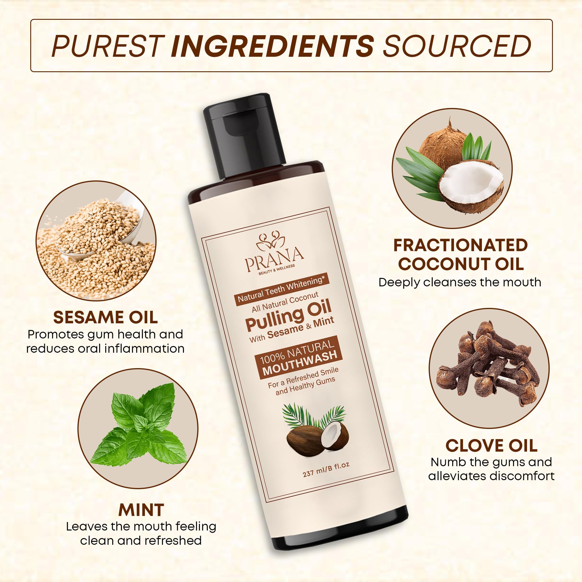 PRANA Coconut Oil Pulling Mouthwash with Tongue Scraper - Ayurvedic Oil for Clean Rinse with Coconut Oil, Clove & Mint for Bad Breath - Optimal Gum Health & Oral Care - Vegan, Fluoride Free - 237ml