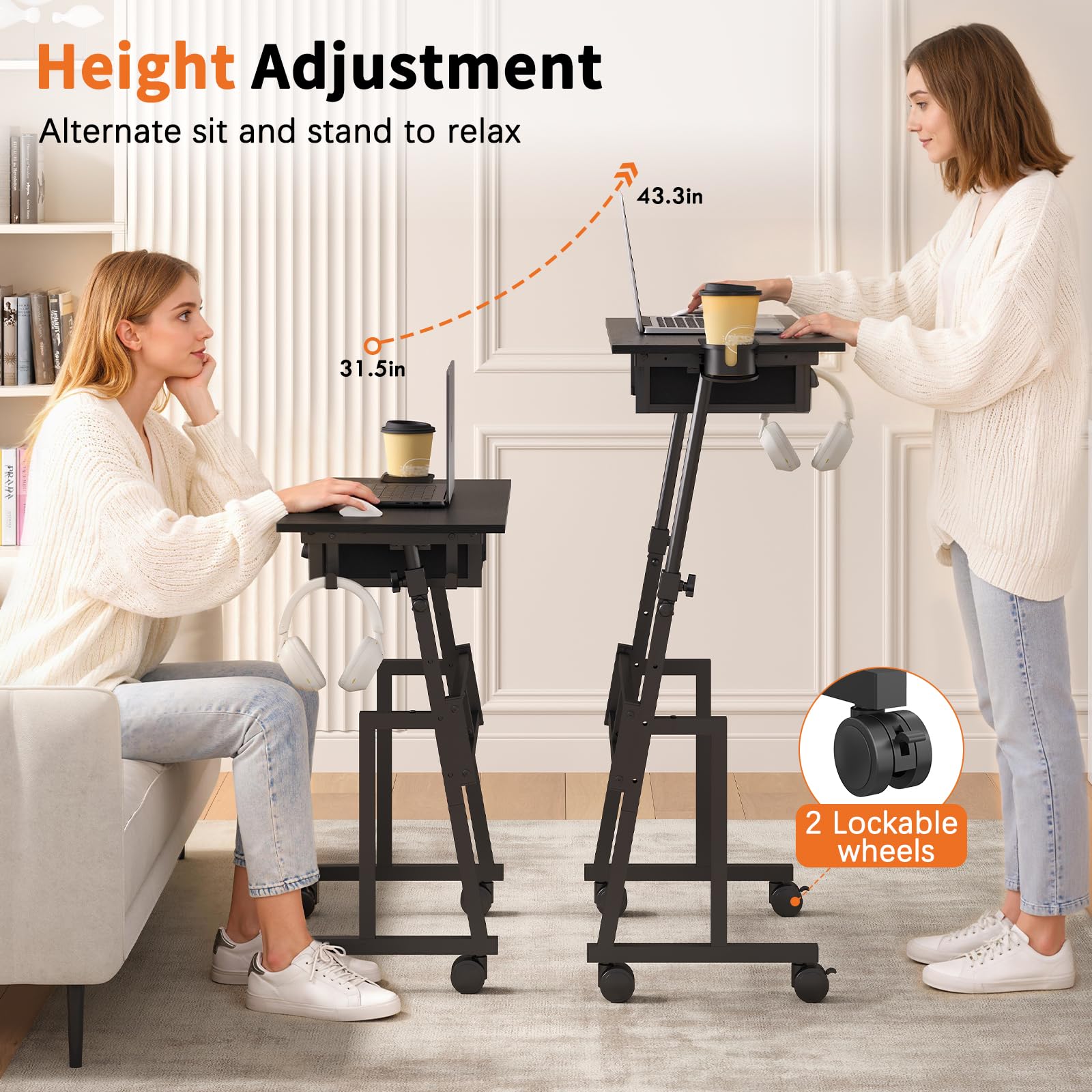 Adjustable Height Standing Desk with Drawer Rolling Sit to Stand Up Desk with Wheels Height 31 5-43 3 — view 5