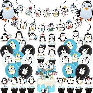 40Pcs Penguin Theme Birthday Party Supplies and Decorations Penguin Happy Birthday Banner,Latex Balloon, Cupcake Toppers, Set Animal Birthday Party Supplies for Kids Family