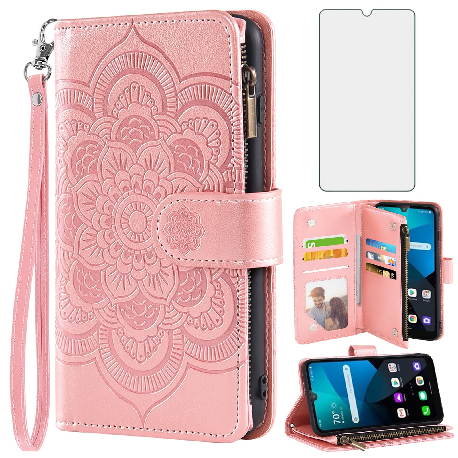 Asuwish Compatible with LG Premier Pro Plus 6.1"/Harmony 4/K40S/K41 Wallet Case and Tempered Glass Screen Protector Leather Flip Card Holder Stand