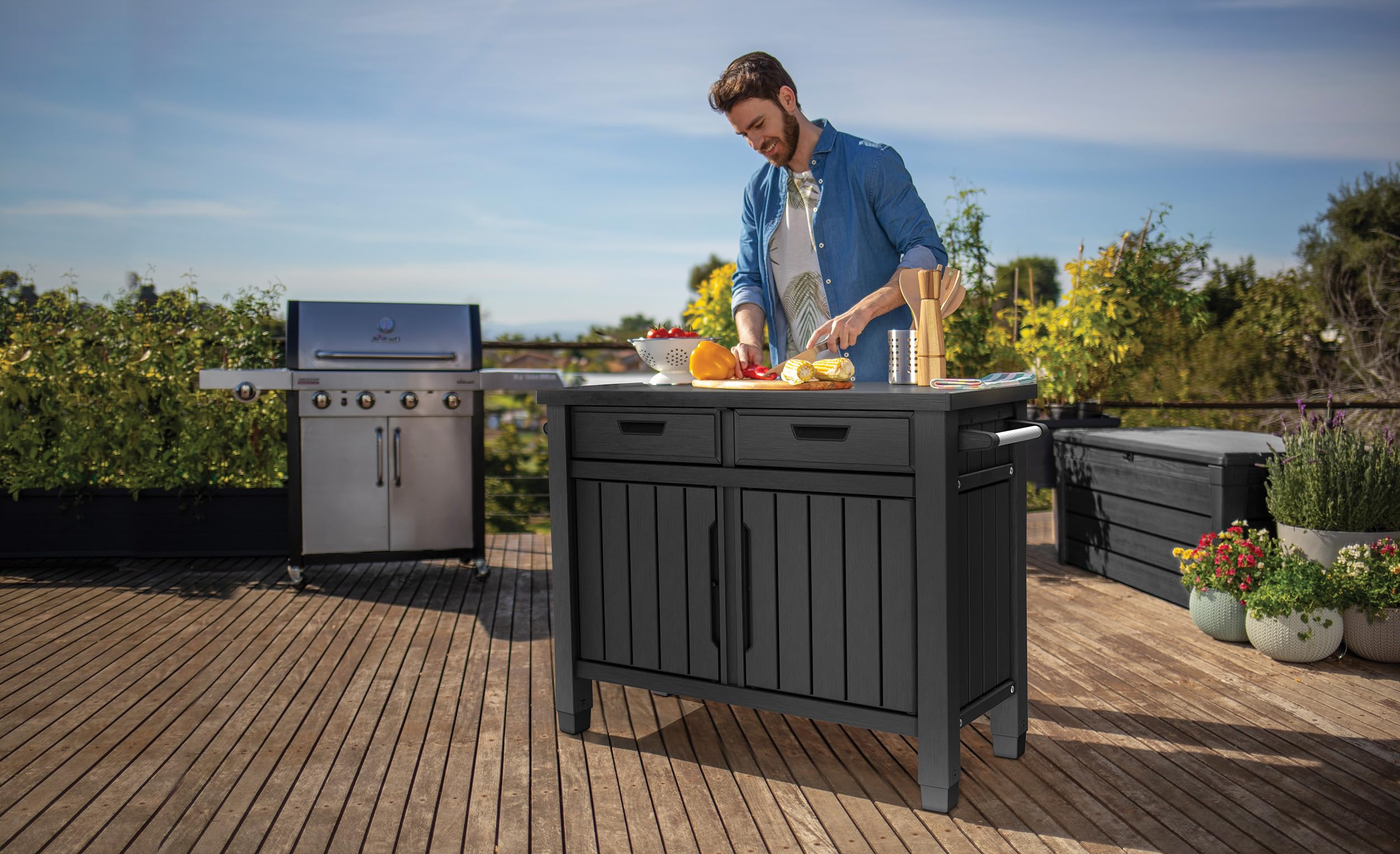Koll Living Tavolino/tavolino XXL – Tavolo da servizio multifunzionale con ampio spazio – resistente alle intemperie – effetto legno