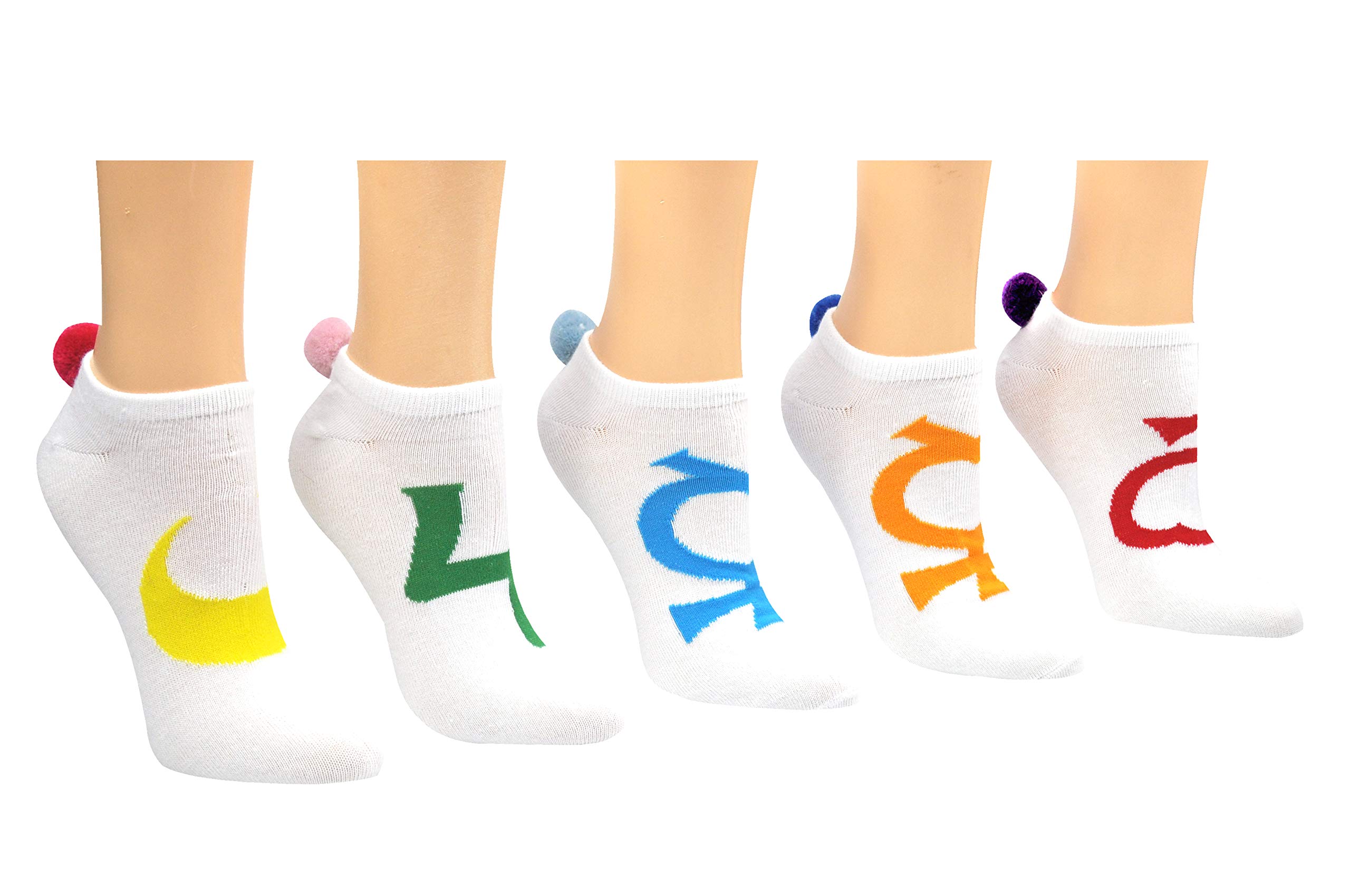 Everything LegwearSailor Moon Pom Pom Socks (5 Pair) - Women's Cosplay Lowcut Socks - Fits Shoe Size: 4-10 (Ladies), Multicolored, M
