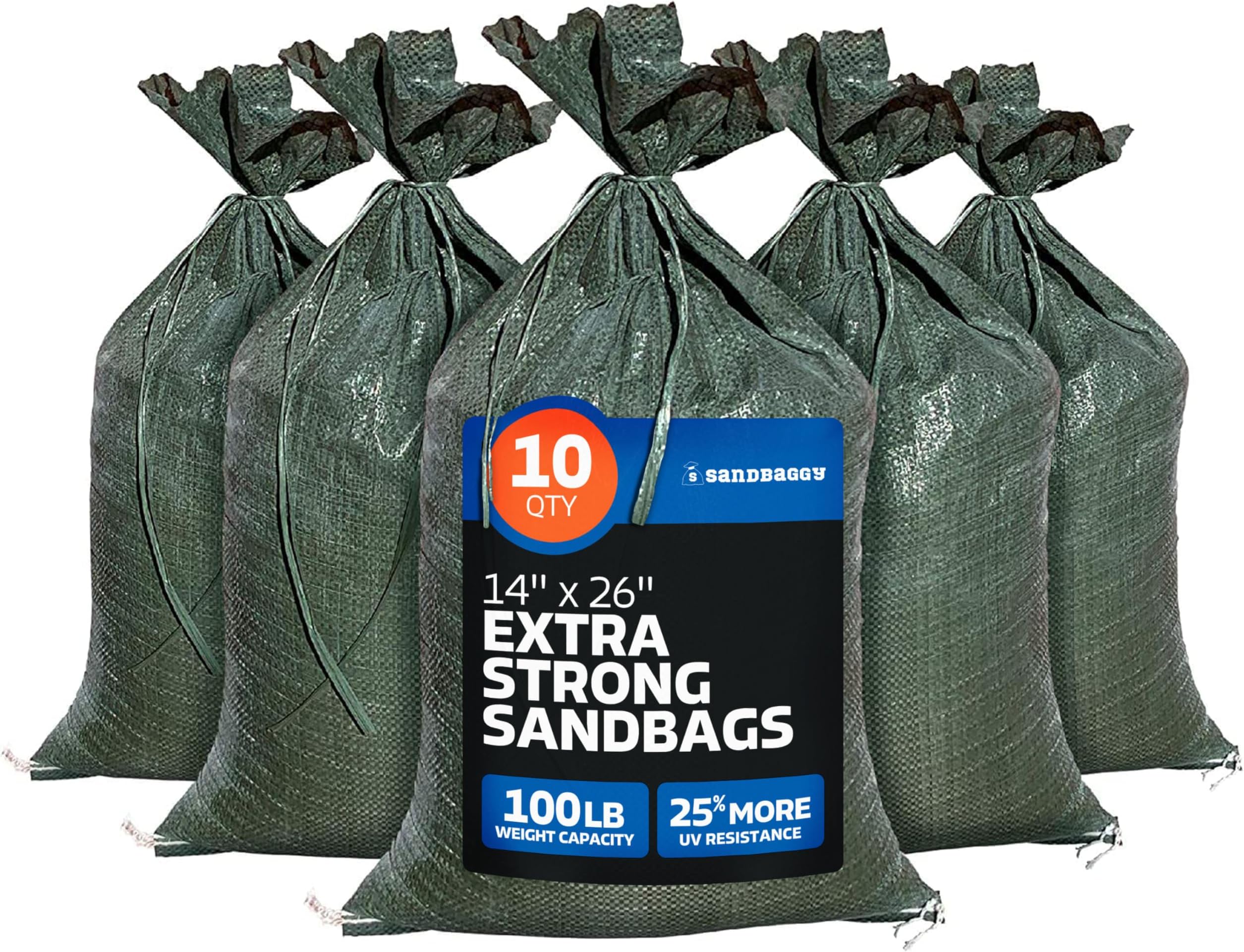 Sandbaggy - Heavy Duty Empty Sandbags For Flooding (14" X 26") - Poly Sand Bags For Flood Barrier, Weight, Construction, Earth Bag Homes - Reusable, UV Resistant - Tie Strings Attached (10 Bags)