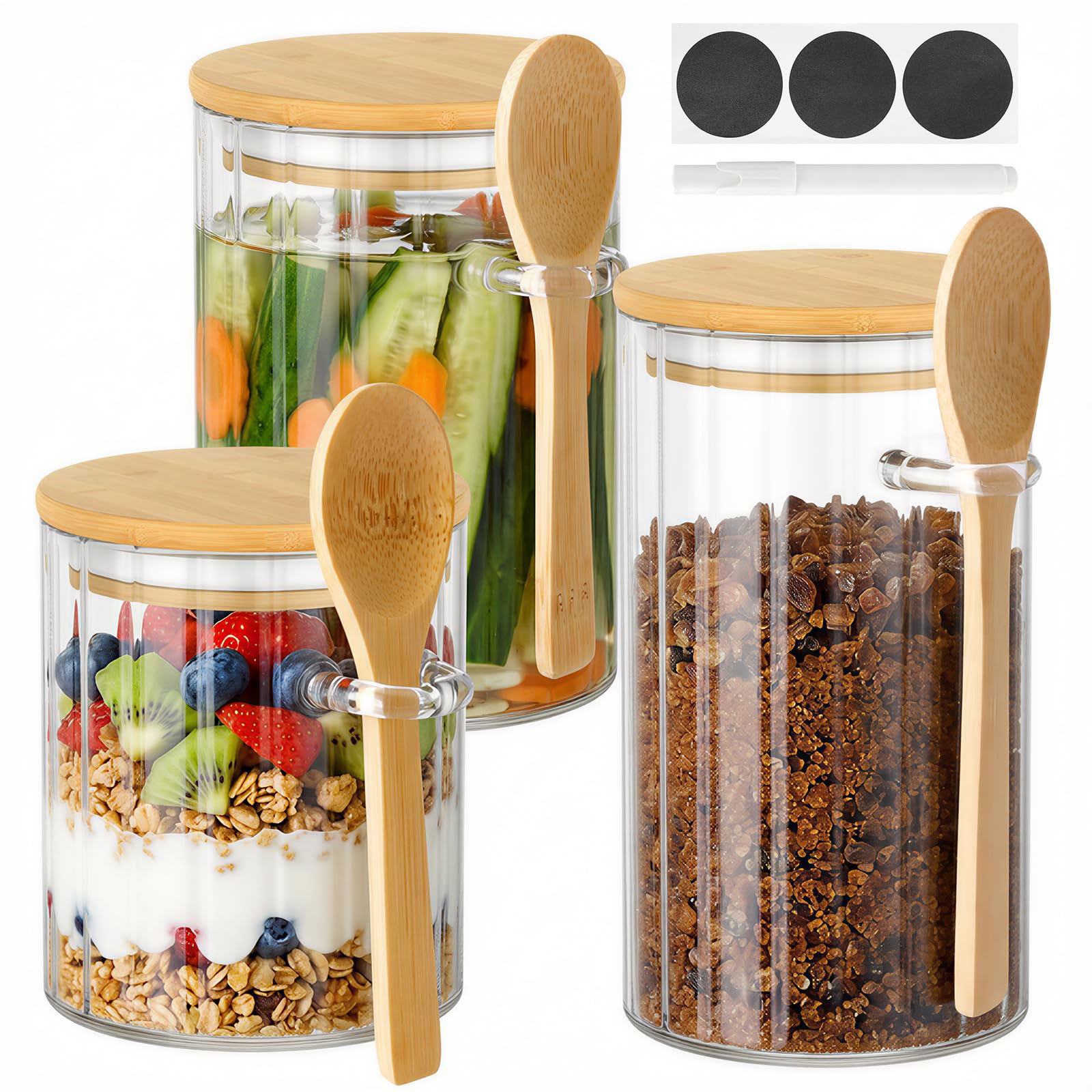 3Pcs Glass Storage Jars with Bamboo Lids and Spoons,Airtight Kitchen Food Storage Jars Container Tea Coffee and Sugar Canisters Set,Clear Glass Jar for Cereal Nut Salt Flour Spice,450ml&550ml&750ml
