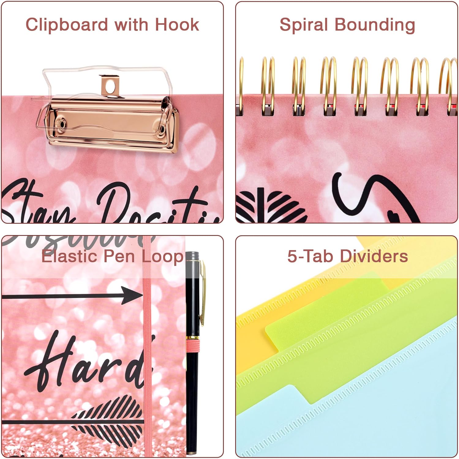 EYROZILL Spiral Notebook Clipboard with Removable Dividers Tabs, 5 Subject Notebook College Ruled, 8.5"x11" Hardcover Lined Journals with 12 Storage Pockets School Office Work Supplies