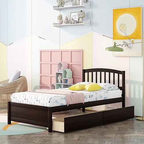 Harper & Bright Designs Base de cama individual, cama individual con cajones, cama individual con plataforma para niños con almacenamiento, marco de
