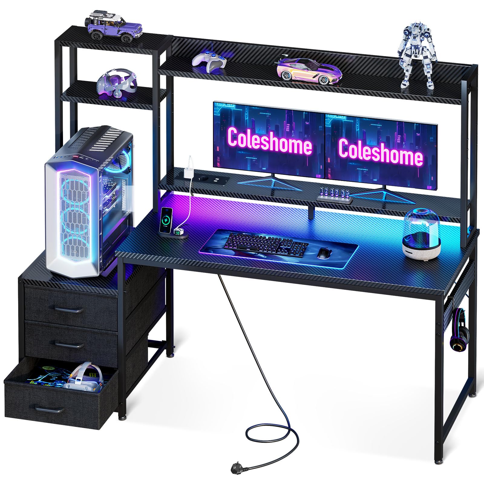 Coleshome Bureau Gaming avec Étagère et Tiroirs, 137×48 cm Bureau Gamer avec Éclairage LED & Prise Intégrée, Table Ordinateur avec Tablettes de Rangement & Support Moniteur, Noir Fibre de Carbone
