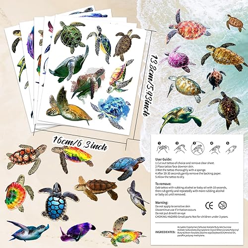 Miniatura 7 de Tatuajes temporales de tortuga, 20 hojas, 156 piezas de calcomanías de tatuajes con temática de tortuga, suministros de decoración para fiestas,