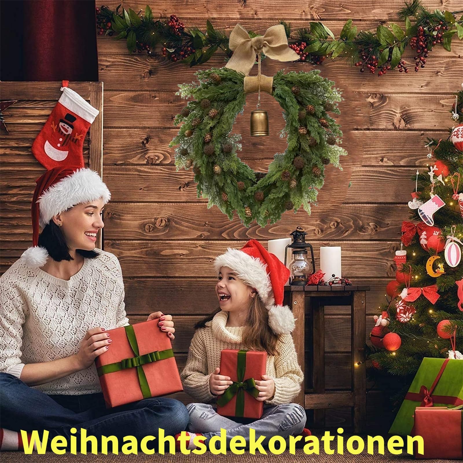 45 cm Weihnachtskranz Bauernhaus, Weihnachtsdeko Kranz Haustür, Künstlicher Weihnachtskranz mit Tannenzweigen und Glöckchen, Geeignet für Türen, Wände und Festliche Dekorationen
