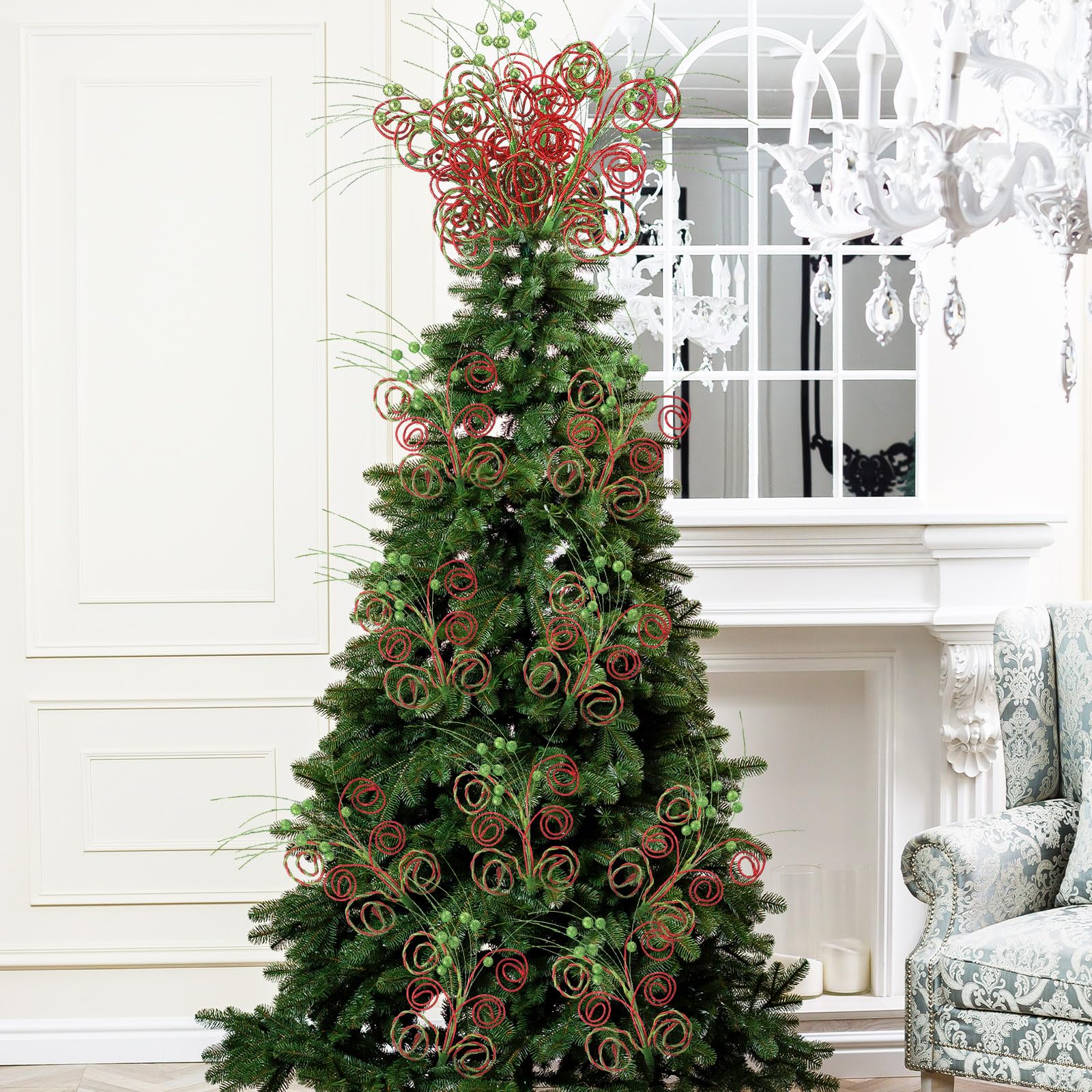 Gejoy Lot de 9 pics pour sapin de Noël - 40,6 cm - Vert citron et rouge pailleté - Décorations de bonbons artificiels pour décoration de sapin de Noël, vase, vacances (torsadé)