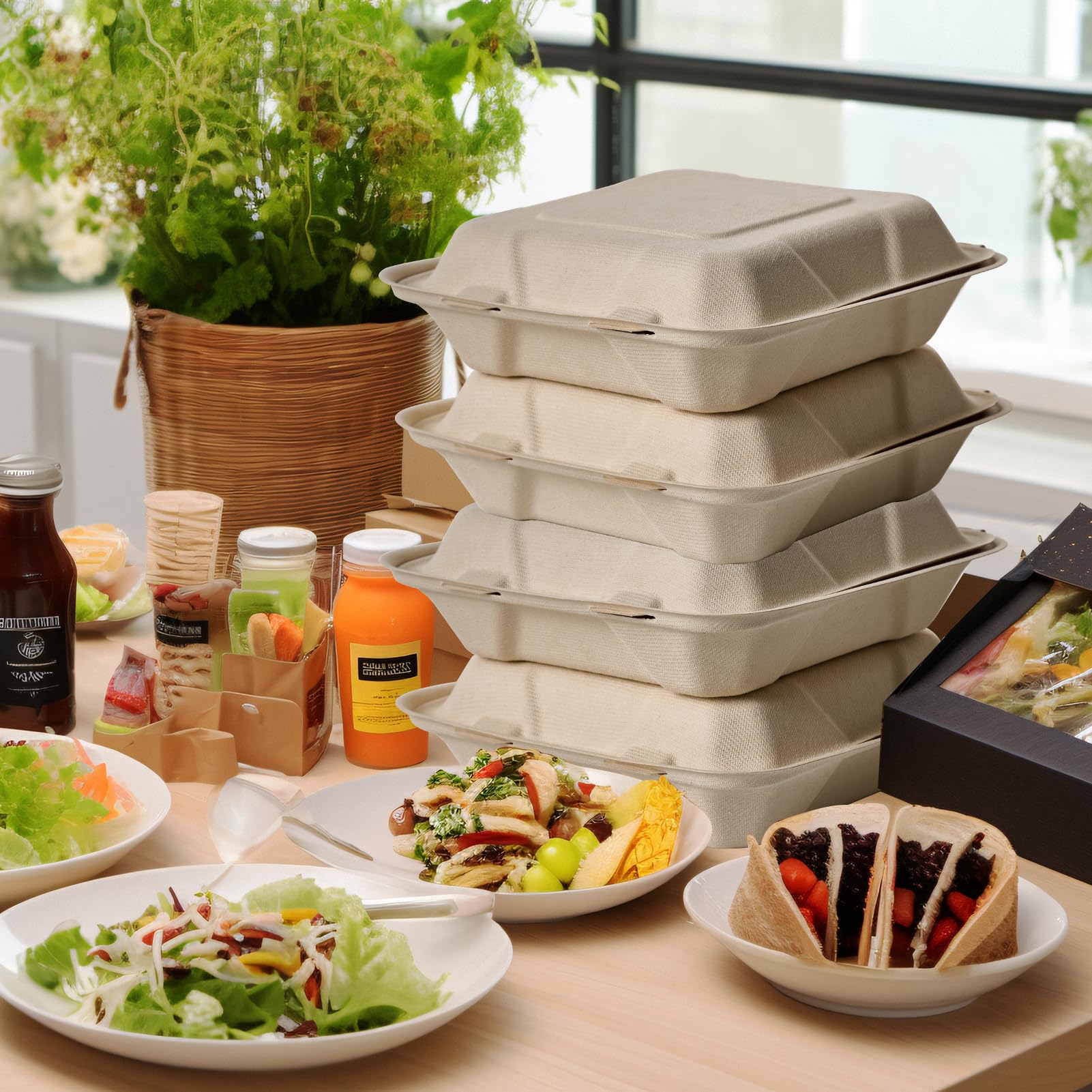 ECOLipak 300 Stück Clamshell To Go Behälter, 100 % kompostierbare Einweg-Lebensmittelbehälter, 20,3 x 20,3 cm, 3 Fächer, robuste To Go Boxen