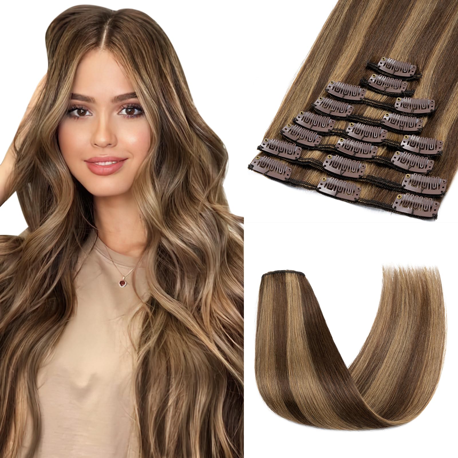 SEGOHAIR 8 PCS Hair Extensions Clip in Real Human Hair, 14 inch Thin Full Head Human Hair Extensions Straight
