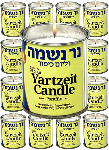 One Day Yahrzeit Candles - Paquete de 12 - Vela conmemorativa Kosher de 24 horas en tarro de vela de lata para Yom Kippur Yizkor y funeral