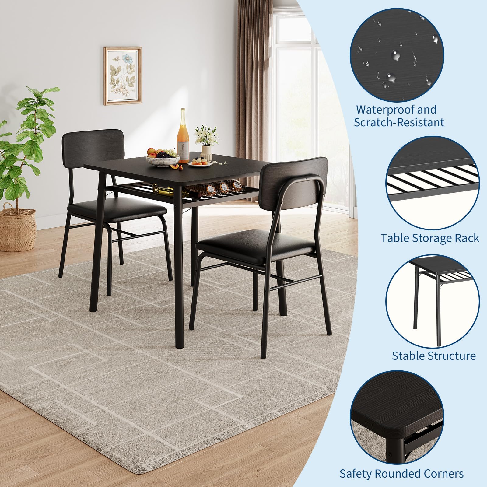 Ensemble Table à Manger avec 2 Chaises, Table de Cuisine, Chaise Rembourré Cuir, Noir