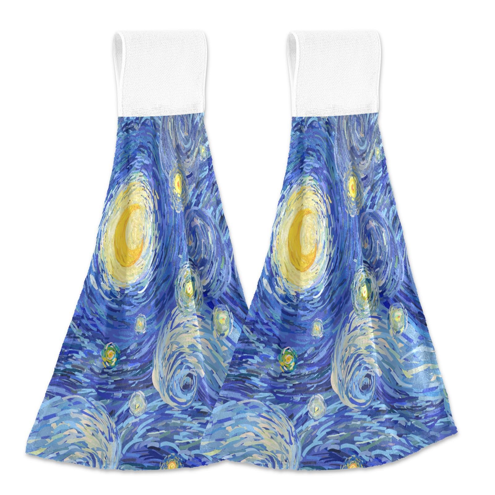 Hanging Kitchen Towel with Loop Van Goho Oli Painting Starry Night Hand Towel 2 Pcs Soft Microfiber Coral Velvet Tie Towel Decor for Bathroom Laundry Room Decor