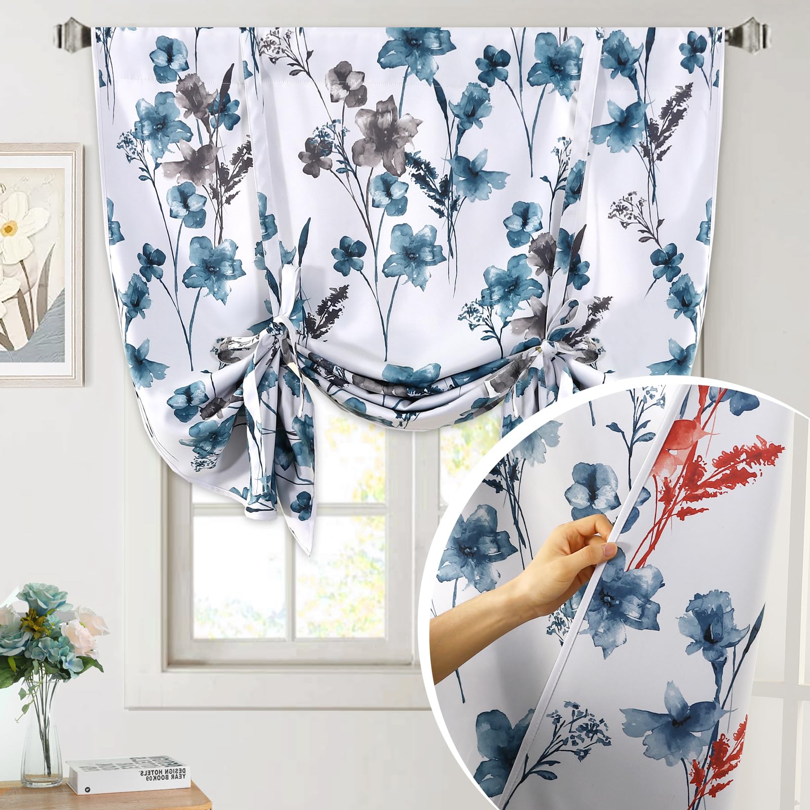 h.versailtex double sided floral pattern printed tie up curtains thermal insulated blackout short curtain bathroom curtain rod pocket panel (reversible in blue/coral, 42 inches w x 63 inches l)