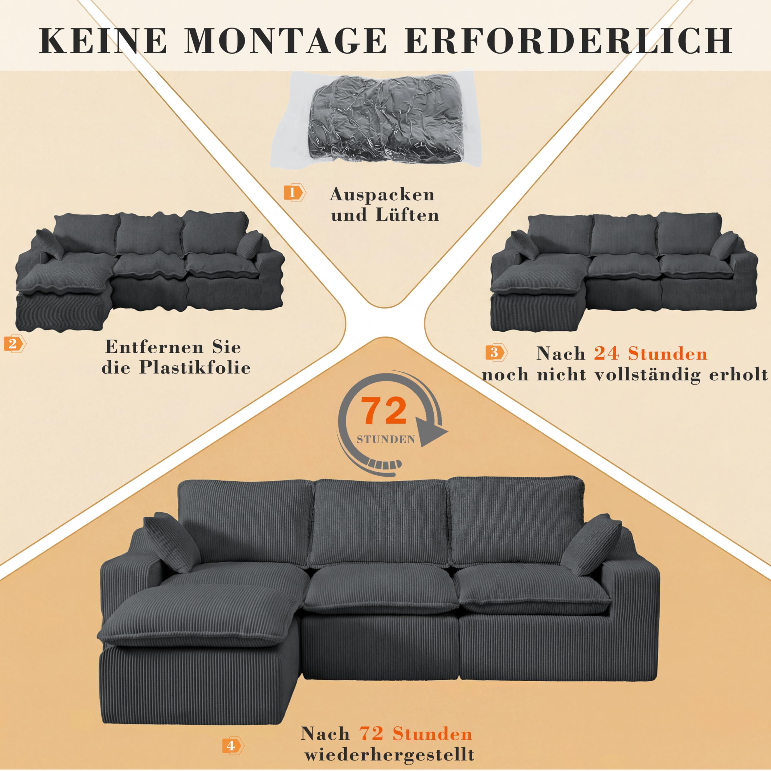 Vipbear Ecksofa, Modulares Sofa 273 cm breit, L-Form Sektionssofa 4-Sitzer mit Abnehmbarer Ottomane, Cloud-Sofa aus Cord mit Chaiselongue Links, L Sofa Couch für Wohnzimmer, Dunkelgrau