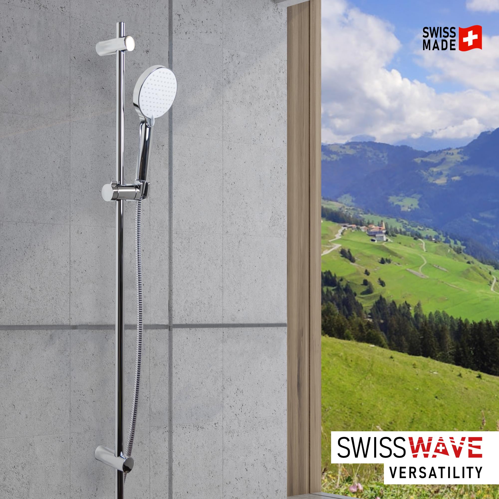 SwissWave - Kit Asta Doccia Reno 700mm con Doccetta 3 Getti e Flessibile 1600mm - Asta Acciaio Inox - Fissaggi Murali Regolabili - Installazione Semplice e Design Moderno - Argento/Cromo