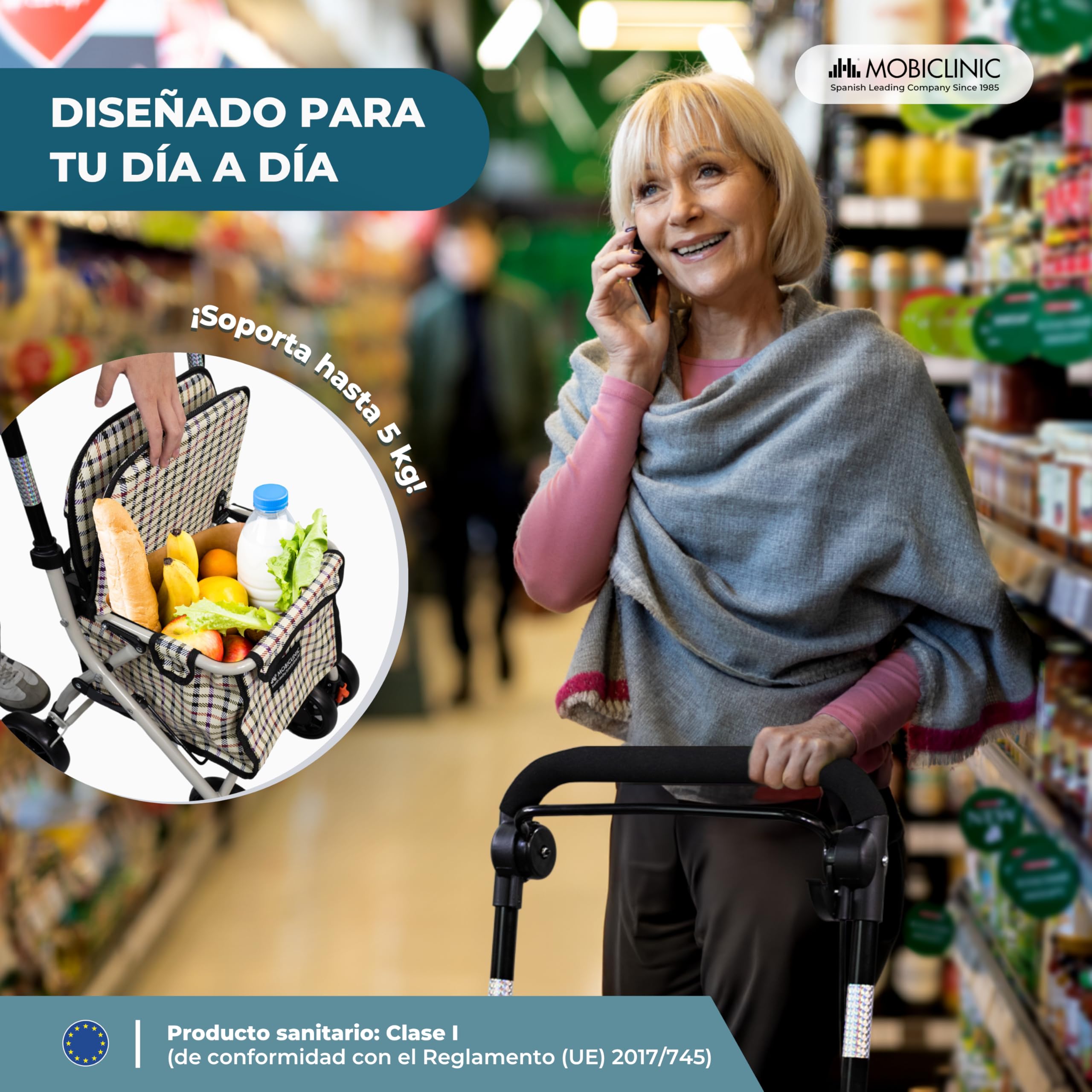 Mobiclinic Andador Plegable Carro de la Compra con Asiento Coliseo Acero Ruedas 360º