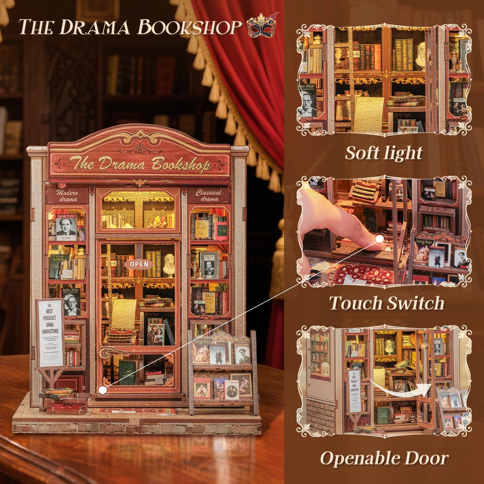 CUTEBEE Book Nook Kit - Casa Delle Bambole in Miniatura DIY per Adulti, Stile Miniature da Costruire di Legno Puzzle 3D Drammatico Classico, Regali per Familiari e Amici (The Drama Bookshop)