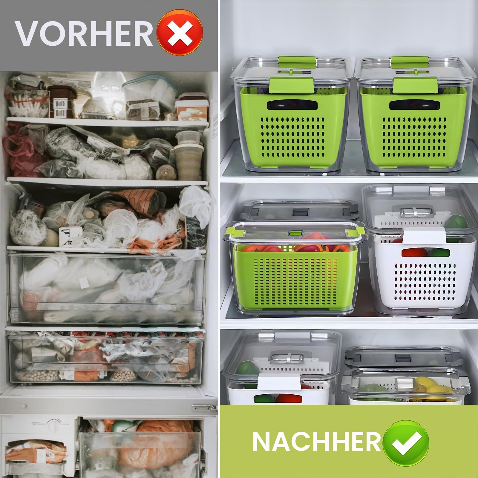 Luxear 3 Stück Frischhaltedose 4,5 l + 1,7 l + 0,5 l BPA-frei für Kühlschrank mit Abtropfgestell, Vorratsbehälter Salat für Gemüse, Obst, Käse, Grün