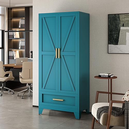 Vista 7 de Armario de metal de 71 pulgadas de alto con cajón y barra para colgar, armario de 2 puertas con estante para dormitorio, oficina, lavandería