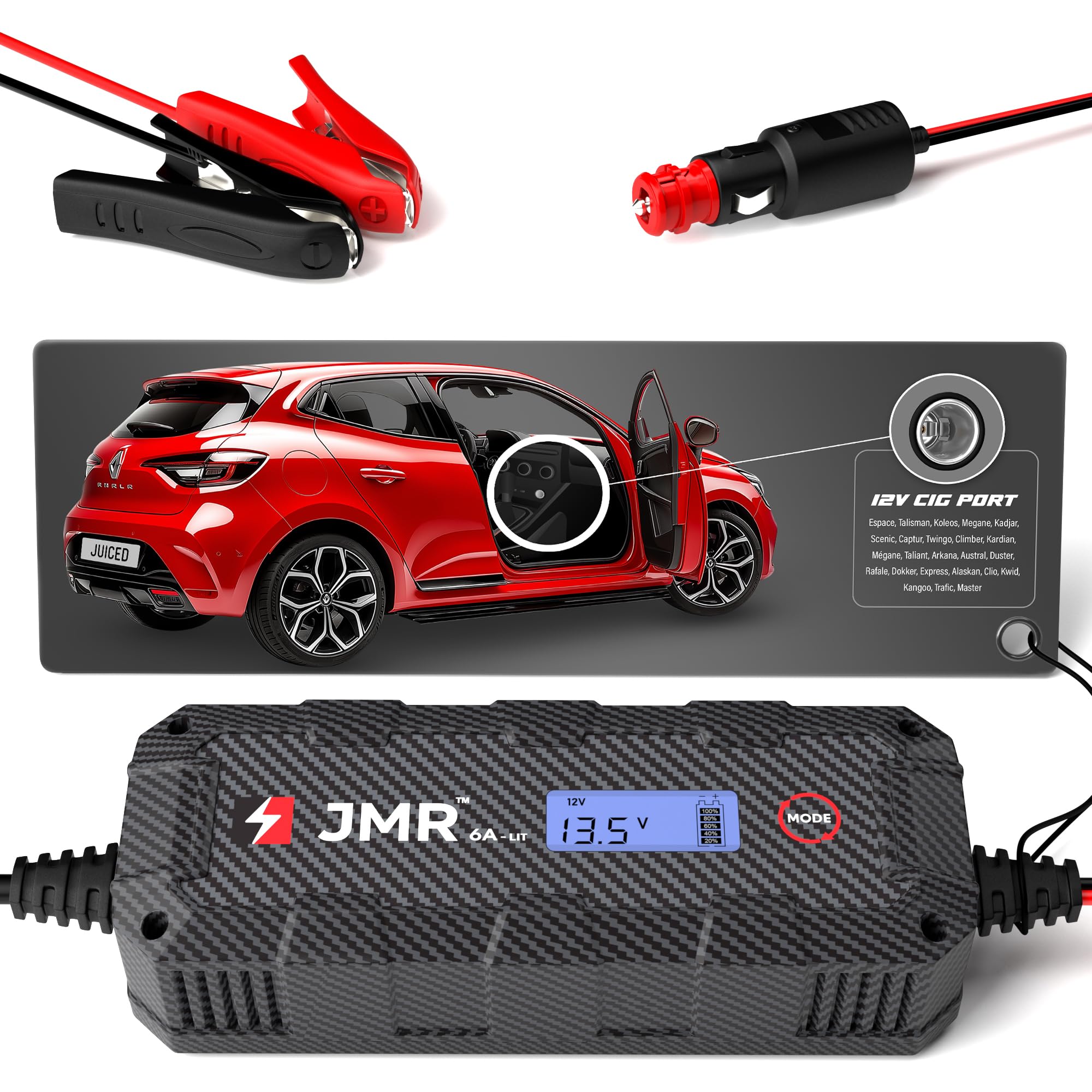 JMR Battery Charger for Renault Espace Talisman Koleos Megane Kadjar Scenic Captur Twingo Climber Kardian Mégane All Models Trickle Charger Conditioner Maintainer (Add Lithium Mode)