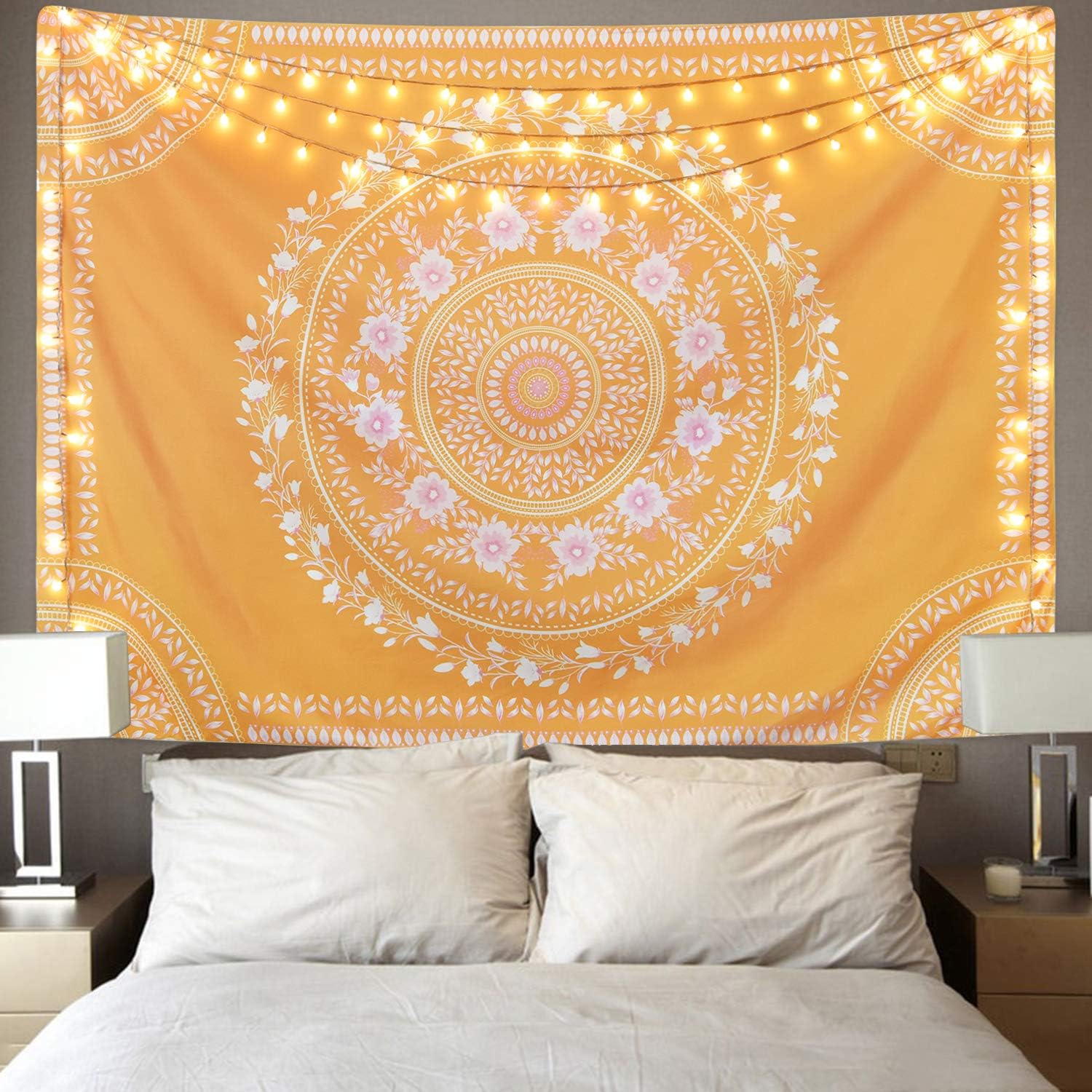 Claswcalor Sketched Medallion Tapestry, Mandala Floral Tapestries, Yellow Tapestry for Room (Yellow, 51.2 x 59.1 inches)