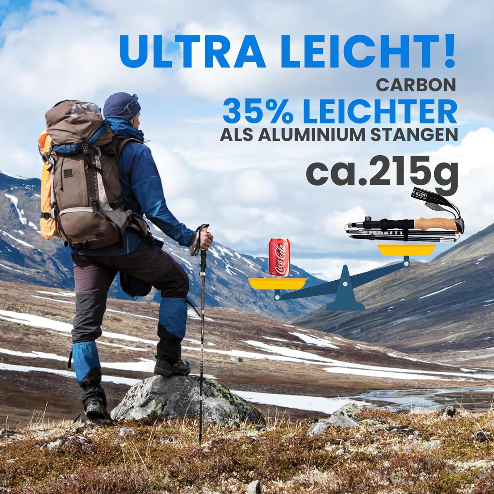 Overmont Bastoni Trekking e Escursionismo Pieghevoli in Fibra di Carbonio Ultraleggeri Antiscivolo - Regolabili 110-125 cm - 1 Paio Nordic Walking per Camping, Sci, Trail e Montagna - Nero