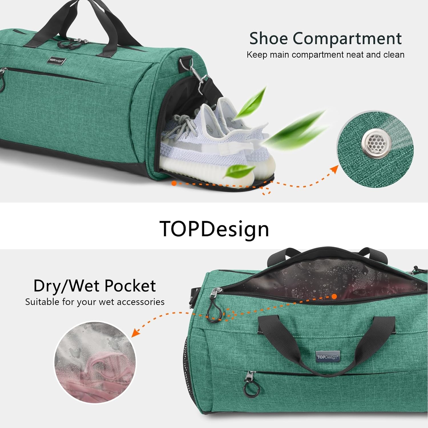 TOPDesign Gym Bag for Women & Men, Unisex Duffel Bag with Shoe Compartment & Wet Pocket for Travel Sports Gym (M Textured Green) - Image 6